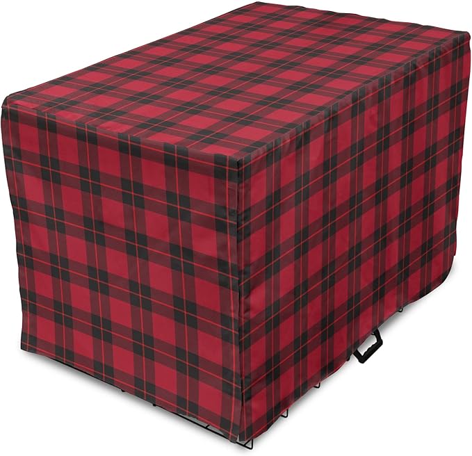 Lunarable Plaid Dog Crate Cover, Geometrical Scottish Ornament Folkloric Celtic Fashion Elements, Easy to Use Pet Kennel Cover for Cats & Medium Dogs, 24 Inch, Coral Vermilion
