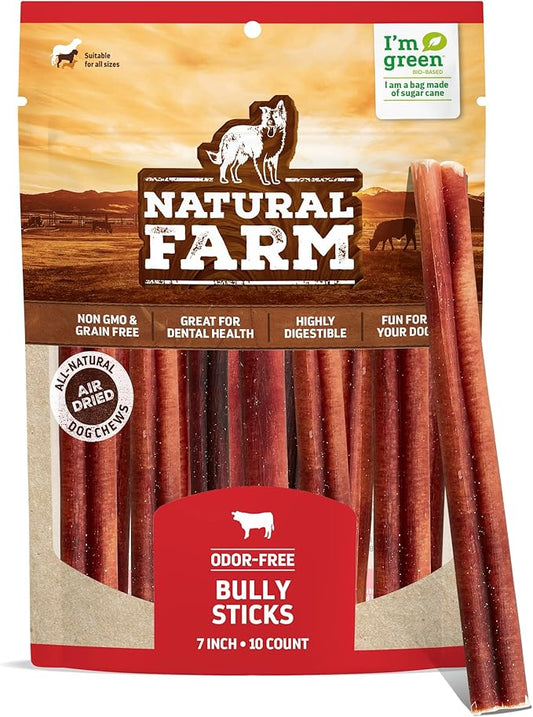 Natural Farm Odor Free Bully Sticks (7 Inch, 10 Pack), 100% Beef Pizzle Chews for Pups, Small and Medium Dogs - Fully Digestible & Best Natural Dental Treats to Keep Your Dog Busy & Happy