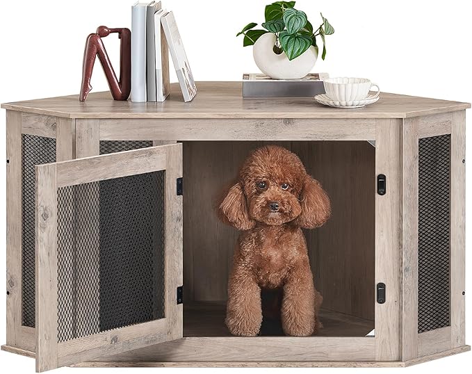 Corner Dog Crate Furniture, Wooden Dog Kennel End Table, Decorative Pet Crate Indoor Use, Furniture Style Dog House for Small Medium Dog, Dog Cage TV Stand, Greige and Black DCHG0801