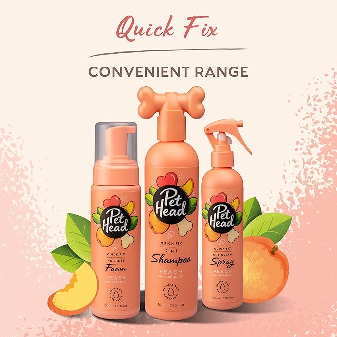 Pet Head Quick Fix Dog Dry Clean Spray | Peach Scent | Dry Dog Shampoo for Smelly Dogs | Nourishes and Softens Coat & Skin | Vegan | Gentle Formula for Puppies | Made in USA | 10.1 fl. oz.