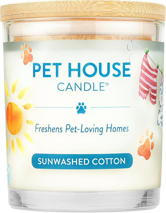 One Fur All 100% Natural Soy Wax Candle, 20 Fragrances - Pet Odor Eliminator, Appx 60 Hrs Burn Time, Non-toxic, Eco-Friendly Reusable Glass Jar Scented Candles – Pet House Candle, Sunwashed Cotton
