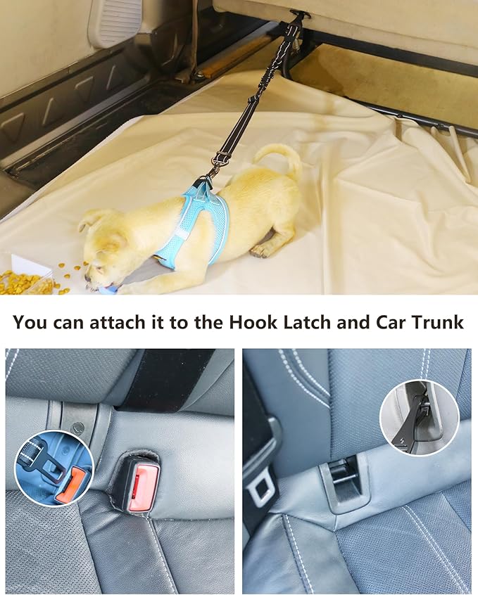 AUBELL Dog Seatbelt, Updated 3-in-1 Pet Car Seat Belt for Dogs, Bungee Dog Car Tether with Clip Hook Latch & Buckle, Heavy Duty Dog Car Harness with Swivel Aluminum Carabiner,Black+Black