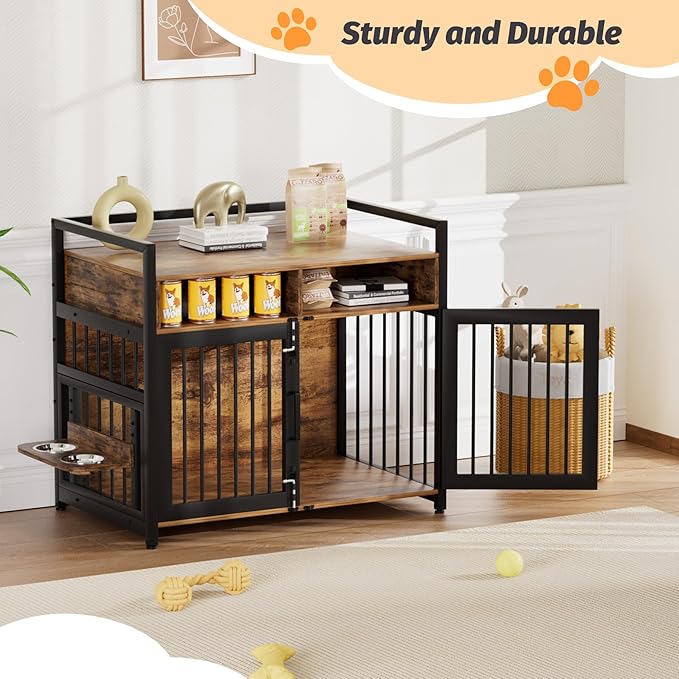 Dog Crate Furniture, Large Dog Cage with 2 Open Storage Shelves, 41 Inch Dog Kennel with Adjustable Raised Feeders, Indoor Heavy Duty Metal End Table Dog Crate for Large/Medium Dogs