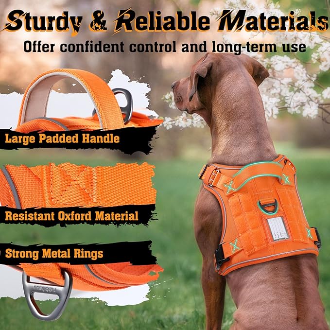rabbitgoo Dog Harness for Large Dogs No Pull, Tactical Service Dog Vest with Molle and Control Handle, Adjustable and Reflective Military Pet Harness for Easy Walking and Training, Orange, XL
