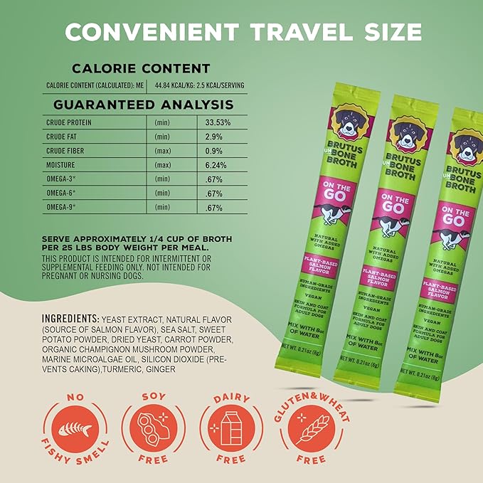 Brutus Broth Instant On The Go Vegetable Powder for Dogs - Vegetable Powder with Omegas 3, 6 & 9 & Turmeric - Human Grade Dog Food Toppers for Dry Food & Picky Eaters - 10 Stick (Salmon Flavor)