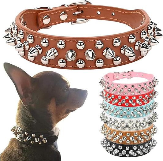 PETCARE Spiked Dog Collar Brown Soft Pu Leather Funny Mushrooms Rivet Spike Studded Puppy Collar Adjustable Outdoor Pet Dog Collar for Small Medium Large Dogs Cats Chihuahua Pug Pit Bull Dog Collars