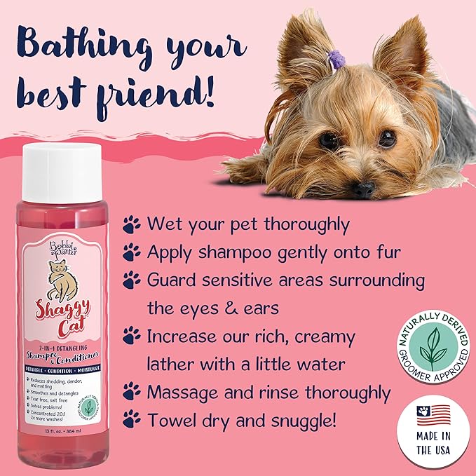 Bobbi Panter 2-in-1 Deshadding Cat Shampoo and Conditioner - Reduces Shedding, Dander & Matting, Natural Ingredients, Tear-Free, pH-Balanced, Concentrated 20:1, Watermelon Scent, 13 oz.