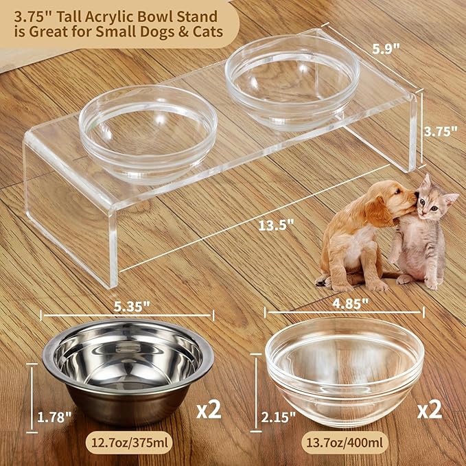Acrylic Elevated Dog Cat Bowls Pet Feeder Double Bowl Raised Stand Comes with 2 Removable Glass Bowls and 2 Stainless Steel Bowls.Perfect for Cats Puppies Small Dogs