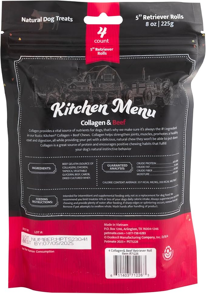 Beef Collagen Sticks for Dogs, Collagen Retriever Roll Real Beef Dog Treat 5" - 4ct, Dog Chews Long Lasting, Rawhide Free for All Dog Breeds