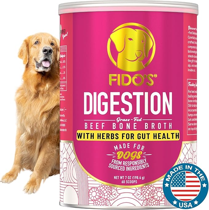 Fido's Digestion Bone Broth for Dogs - Grass-Fed Beef Bone Broth Powder & Organic Herbs - Supports Digestion & Gut Health - Dog Food Topper for Dry Food - 60 Scoops