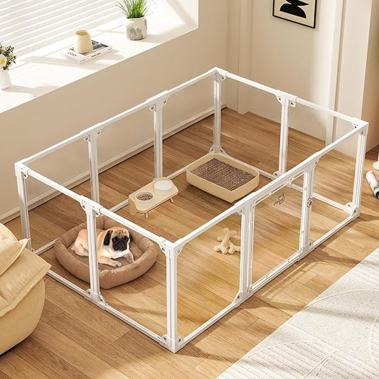 Clear Acrylic Metal Dog Playpen Indoor, Easy Assemble Transparent Puppy Playpen, Expandable & Durable Dog Fence for Small and Medium Dogs (30.3" H, 10PCS)