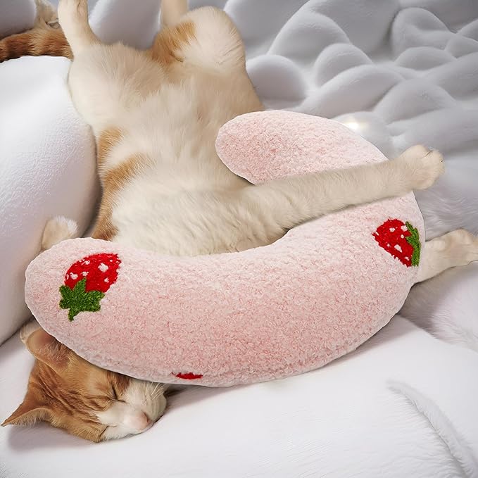 Lystaii Cat Calming Pillow for Indoor Pet Cat Dog Pillow Soft Fluffy Cat Bed Pillow Dog Neck Pillow Pet Toy Half Donut Anxiety Relief Pet Pillow with Cute Embroidery Pattern (Pink, Strawberry)