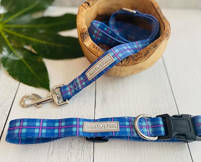 Lucky Love Dog, Blue and Violet Plaid Dog Collar, Adjustable & Comfy Collar for Boy and Girl Dog, Easy On & Off Clasp Accessory - (Small, Scotty Collar)