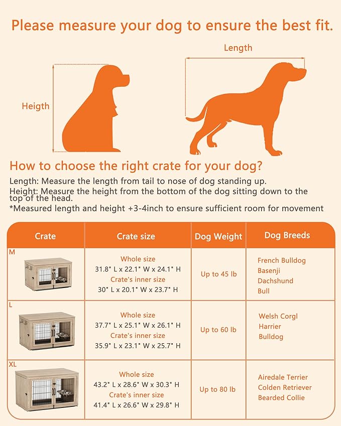 Piskyet Wooden Dog Crate Furniture with 360°Rotatable Removable Dog Bowls, Dog Crate End Table with Tray, Double Doors Dog Kennels for Dogs(M:31.8" L*22.1" W*24.1" H, Gray)