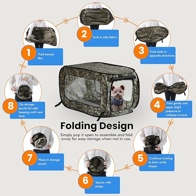 Beatrice Home Fashions Portable, Collapsible, Pop Up Kennel Travel Cat and Dog Crate, 24" L x 16.6" W x 16" H, Camo Green