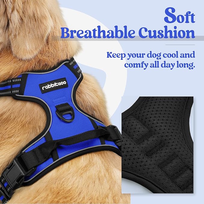 rabbitgoo Dog Harness, No-Pull Pet Harness with 2 Leash Clips, Adjustable Soft Padded Dog Vest, Reflective No-Choke Pet Oxford Vest with Easy Control Handle for Large Dogs, Dazzling Blue, XL