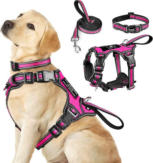 WINSEE Pet Harness Collar and Leash Set, All-in-one Reflective Dog Harness No Pull with Adjustable Buckles for Puppies, Small, Medium, Large, and Extra-Large Dogs (Large, Rosy)