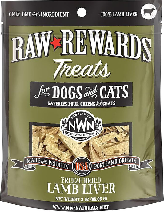 Northwest Naturals Raw Rewards Freeze-Dried Lamb Liver Treats for Dogs and Cats - Bite-Sized Pieces - Healthy, 1 Ingredient, Human Grade Pet Food, All Natural - 3 Oz