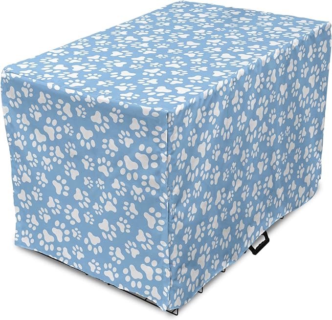 Ambesonne Paw Print Dog Crate Cover, Animal Themed Pattern with Pet Foot Marks on Blue Toned Background Print, Easy to Use Pet Kennel Cover for Cats & Medium Dogs, 24 Inch, Sky Blue