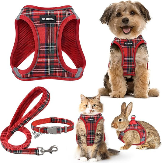 GAMUDA Small Dog Harness Collar and Leash Set, Step in No Chock No Pull Soft Mesh Adjustable Dog Vest Harnesses Plaid Reflective for Dogs Puppy Cats Kitten Rabbit (Red, XXS)