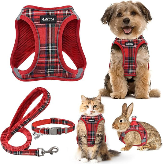 GAMUDA Small Dog Harness Collar and Leash Set, Step in No Chock No Pull Soft Mesh Adjustable Dog Vest Harnesses Plaid Reflective for Dogs Puppy Cats Kitten Rabbit (Red, XS)