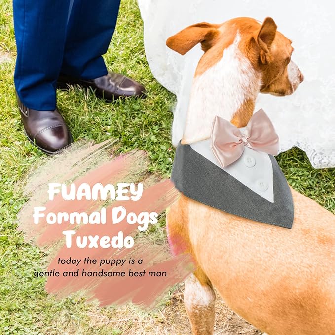 FUAMEY Dog Tuxedo,Formal Dog Wedding Bandana Dog Collar with Bow Tie Dog Birthday Costume Adjustable Pet Party Tux Dog Wedding Attire,Dog Valentines Outfit Cosplay for Small Medium Large Pets Grey L