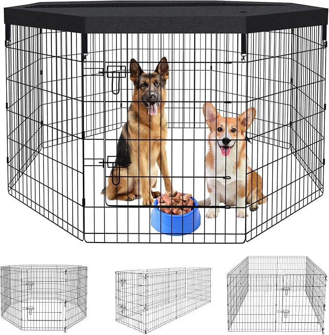 Pet Playpen Dog Fence Foldable Metal Dog Pen Wire Exercise Puppy Play Yard Pet Enclosure Indoor Outdoor 8 Panels 36 Inch with Bottom Pad/Top Cover(Black 36 top Cover)
