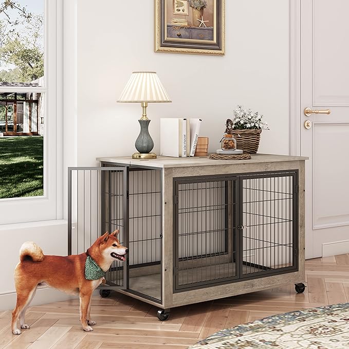 NicBex Dog Crate Furniture Dog Cage with Doors and Lift Top, Dog Kennels for Inside Space, Wooden Dog Crate on Wheels with Durable Frame for Multiple Dogs, Grey