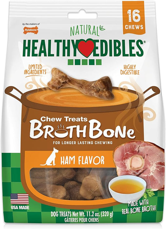 Nylabone Healthy Edibles Broth Bone Natural Dog Chews Long Lasting Treats Ham Flavor Small/Regular - Up to 25 Ibs. (16 Count)