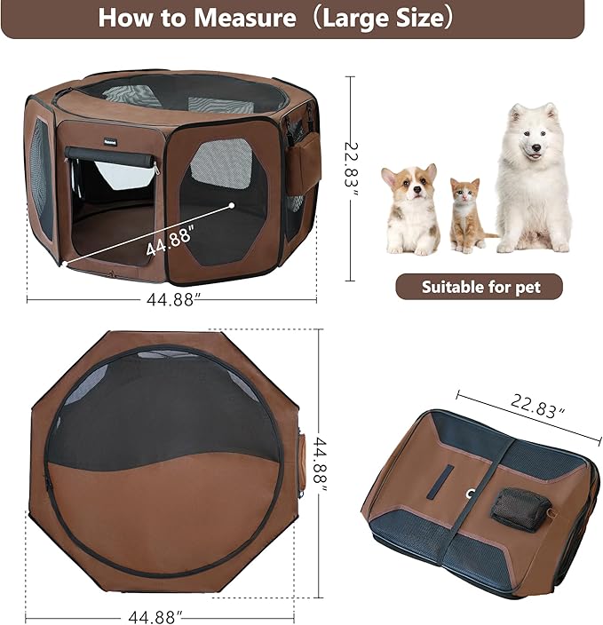 Dog Playpen, Cat Dog Crate Portable Pet Exercise Cage Kennel House Puppy Playpen Animal Playpen Indoor/Outdoor, Water-Resistant Kennel Tent with Traveling Bag (Brown, Large)