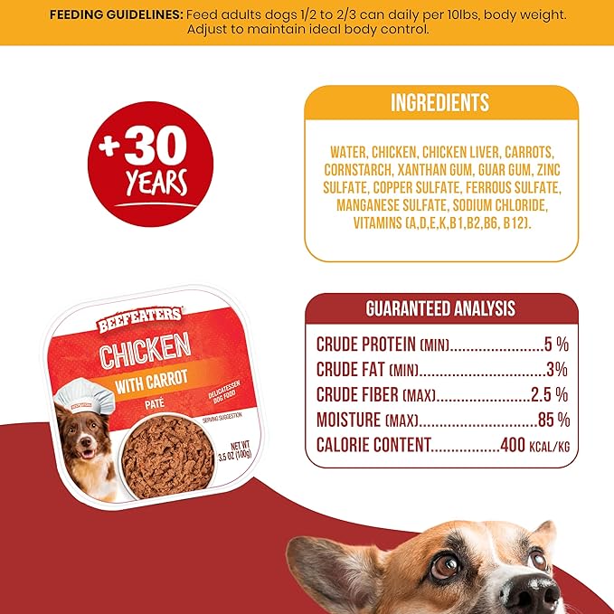 Beefeaters Dog Treats - Chicken with Carrot Pate 3.5oz, Case of 96 | Natural Adult Dog Food | No Artificial Additives, Rich in Fiber, Vitamins & Minerals | Dog Training Treats for Adults