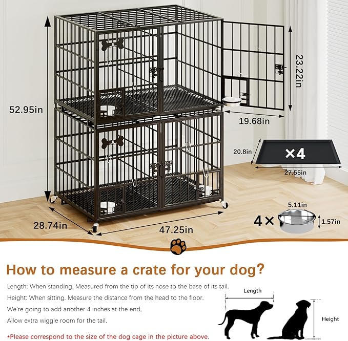 Dosker 48/42 inch Stackable Heavy Duty Metal Dog Crate for 4 Dogs/Large Dog,All Metal Open Top Access,Escape Proof Cage,Dog Kennel Indoor with Wheels,Floor Grid, Tray, Divider and Feeding Bowl