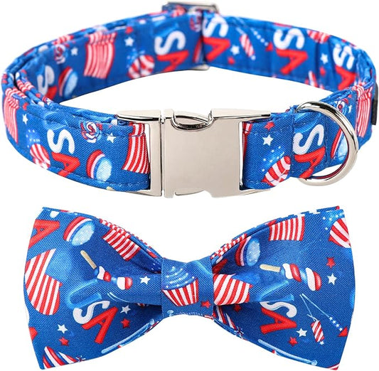 Lionet Paws Patriotic Dog Collar with Bowtie, 4th of July, Soft and Comfortable Adjustable American Flag Bowtie Collar for X-Large Dogs Male Female Gift, Neck 16-26 inches