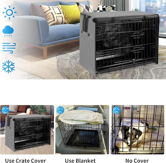 Dog Crate Cover 48 inch XL Dog Kennel Outside Cover, Big Dog Cage for Large Dogs Wire with1 2 3 Doors, Waterproof 600D Oxford Fabric Indoor/Outdoor Gray（Dog Crate NOT Included）