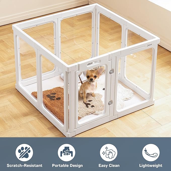 Clear Dog Playpen Indoor, 24" Acrylic Plastic Pet Play Pen with Door, Playpen for Puppy Cat Rabbit Ferret, Easy to Install Preferable Playpen for Small Dogs, Customizable, White 8 PCS