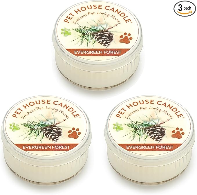 One Fur All Pet House Mini Candles for Pet Odor Made with Natural Soy Wax, Plant Based, Dog and Cat Friendly Scented Candles, Evergreen Forest Pack of 3