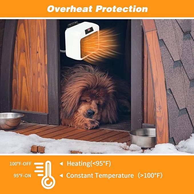 Rypet Large Dog House Heater with Thermostat, 300W/600W Safe Heater for Dog House Outdoor with 6 Ft Anti Chew Cord, Wall Mounted Dog Kennel Heater Electric Warmer for Most Dog House