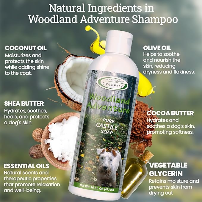 Woodland Adventure Pure Castile Dog Shampoo - Gentle Moisturizing Formula for All Skin Types, Crafted with Pure Ingredients, Mild and Nourishing for Dogs 4 Weeks & Up, 16 oz