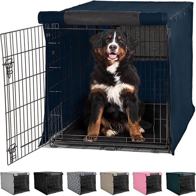 GORILLA GRIP Dog Crate Covers Compatible with Amazon Basics Dog Crates, All Sides Open, Privacy Cover Fits 48" Wire Kennel, Breathable Mesh Windows, Light Reducing Puppy Training Cage Topper, Navy