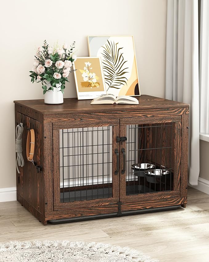 Piskyet Wooden Dog Crate Furniture with 360°Rotatable Removable Dog Bowls, Dog Crate End Table with Tray, Double Doors Dog Kennels for Dogs(L:37.7" L*25.1" W*26.1" H, Rustic Brown)