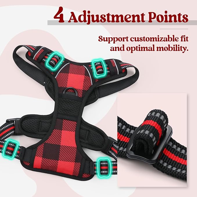 rabbitgoo Dog Harness Medium Sized Dog No Pull, Comfortable Padded Plaid Dog Harness with Handle Easy Control, Adjustable Reflective Puppy Pet Harness Vest with 2 Leash Clips, Red Plaid, M