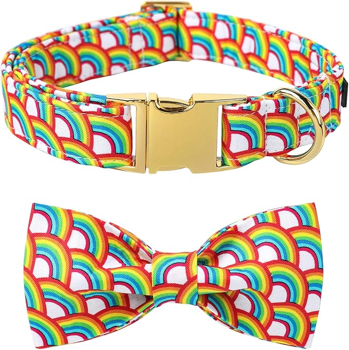 Lionet Paws Rainbow Dog Collar with Bowtie, Soft and Comfortable Adjustable LGBT Pride Bowtie Collar for Large Dogs Male Female Gift, Neck 16-24 inches