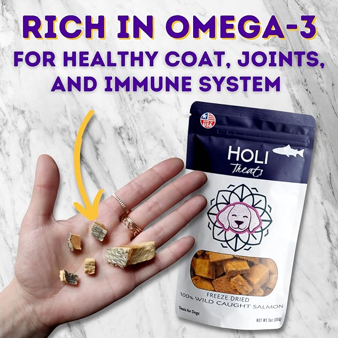 HOLI Freeze Dried Salmon Dog Treats - with Omega 3 and 6 Fish Oil - All Natural Dog Treats - Human Grade - Wild Caught Skin on Salmon - Made in USA - Grain Free - Diabetic Friendly