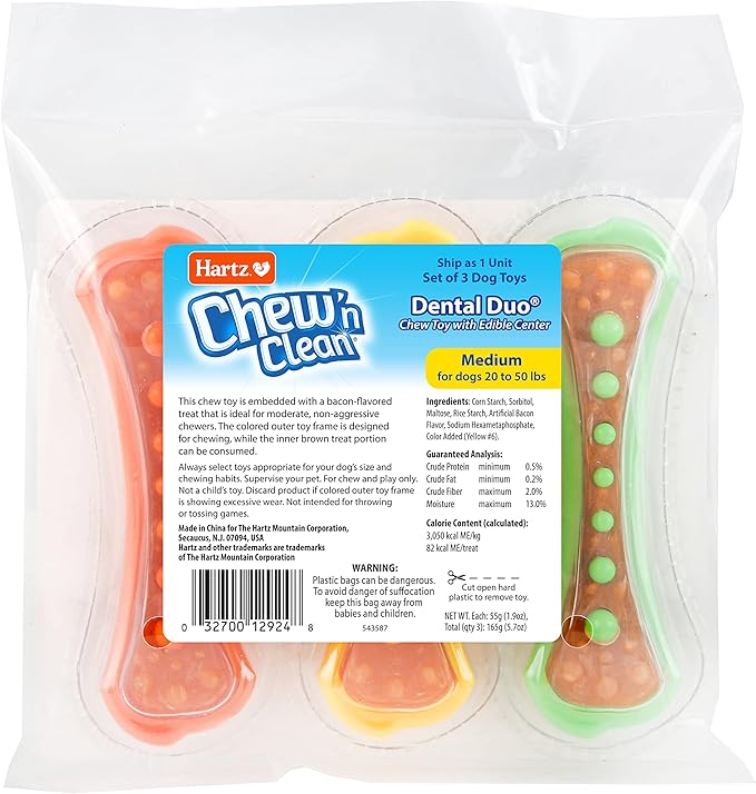 Hartz Chew 'n Clean Dental Duo Dog Treat & Chew Toy, Color Varies, Medium, 3 Pack