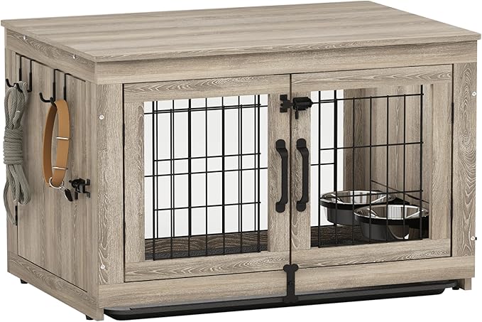 Piskyet Wooden Dog Crate Furniture with 360°Rotatable Removable Dog Bowls, Dog Crate End Table with Tray, Double Doors Dog Kennels for Dogs(M:31.8" L*22.1" W*24.1" H, Gray)
