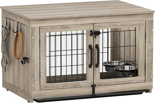 Piskyet Wooden Dog Crate Furniture with 360°Rotatable Removable Dog Bowls, Dog Crate End Table with Tray, Double Doors Dog Kennels for Dogs(M:31.8" L*22.1" W*24.1" H, Gray)