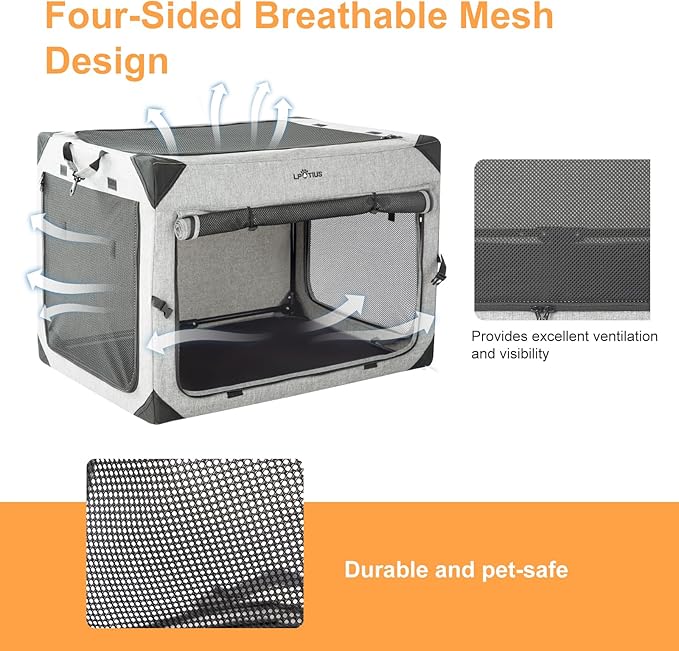 Collapsible Dog Crate for Medium Large Dogs, Portable Travel Dog Crate Soft Pet Kennel with 4-Door Chew Proof Mesh Windows for Indoor & Outdoor