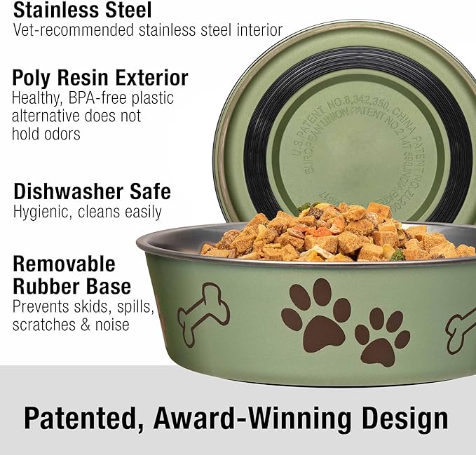 Loving Pets Bella Dog Bowls- Stainless Steel Dog & Cat Bowls - Spill Proof Dog Food Bowl, Cat Bowl, Puppy Essentials & Pet Supplies Great for Home & Travel (Medium 20-25 lbs, Artichoke)