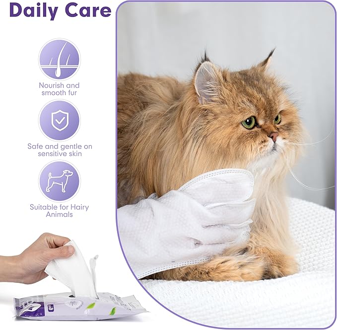 cyeollo Pet Cleaning Wipes for Dogs Fur & Butt, Dog Dry Grooming Bath Glove Wipes for Deodorizing, Lick Safe Cats Cleaning Wipes, Wash Free, 12PCS