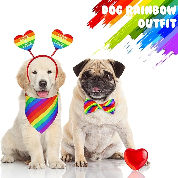 3 PCS Dog Pride Outfit Apparel Clothes, Rainbow Heart Dog Headband Rainbow Bandana and Bow Tie Collar Set for Small Medium Large Dogs (Pride Style 1)